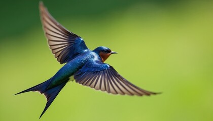 Blue swallow bird flies with wings spread wide against green blur background. Animal in nature, fast motion, freedom, life. Avian creature with sharp tail, active and wild.