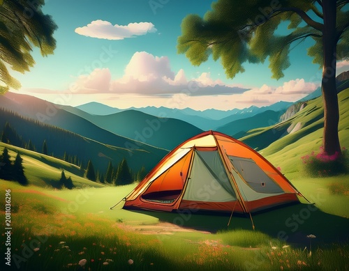 art of a camping tent nestled in a green landscape with rolling hills trees and a beautiful sky perfect for outdoor adventures and summer trips