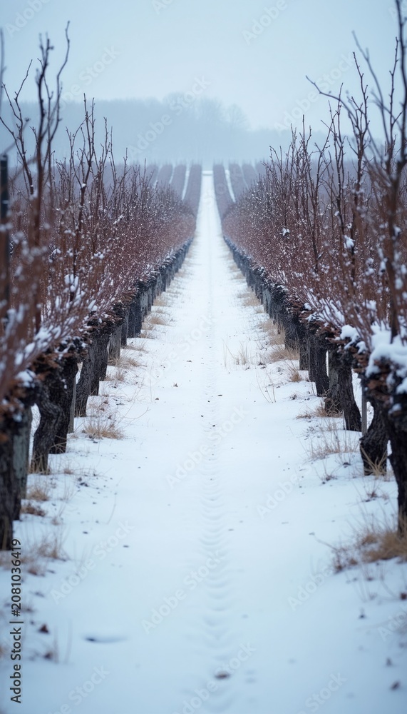 Fototapeta premium Rows of dormant grapevines covered in snow lead down a path in a winter vineyard. Bare branches and frosty ground create a serene, natural wintery landscape scene. Peaceful agricultural view.