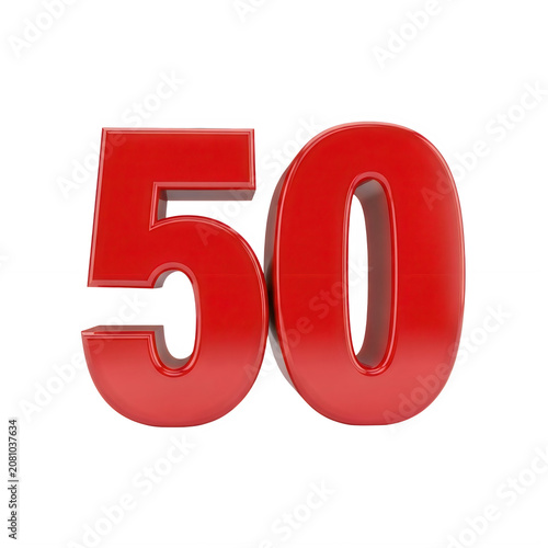 Shiny red number fifty 3d sign isolated on transparent background