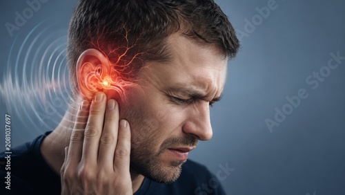 A man experiencing severe ear pain; visualization of reddened, inflamed nerves and sound waves. Concept of tinnitus or ear infection. Against a gray background.