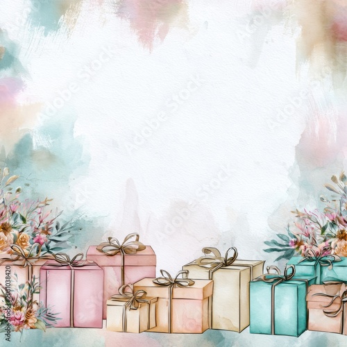 Elegant watercolor illustration of pastel gift boxes and floral bouquets arranged at the bottom with soft colorful background and space for text above