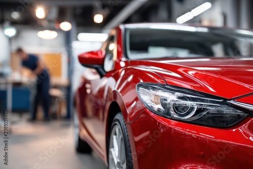 Shiny red modern sedan in a bright and spacious garage with a mechanic working in the blurred background for vehicle repair and maintenance services
