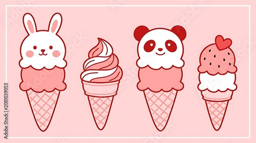 Cute cartoon ice cream set featuring animal faces and lovely heart designs in pastel pink colors