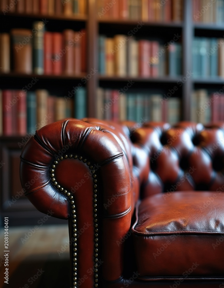 Obraz premium Close-up of a vintage brown leather couch armrest with brass studs. Bookshelves filled with old books are in soft background light. Cozy reading nook.