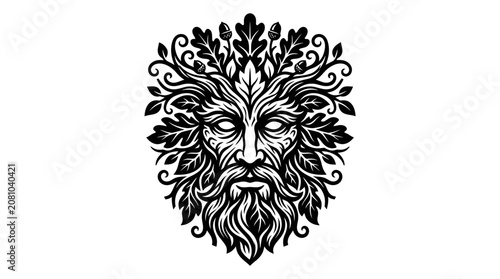 Photos Ornate foliate face nature spirit black and white graphic.