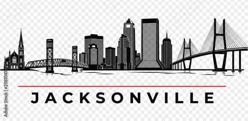 Bild auf Leinwand Jacksonville florida city skyline silhouette with iconic landmarks and text