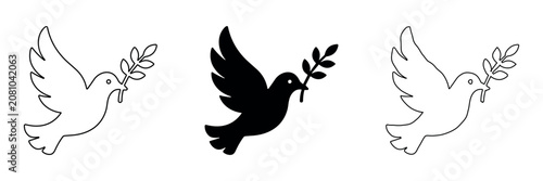 Billede på lærred Set of three dove icons with olive branches, representing peace and hope