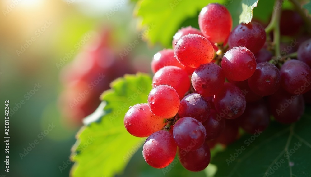Fototapeta premium Ripe red grapes with water drops on vine. Healthy organic fruit hangs on tree branch. Fresh harvest in sunlight with green leaves. Sweet juicy food from garden.