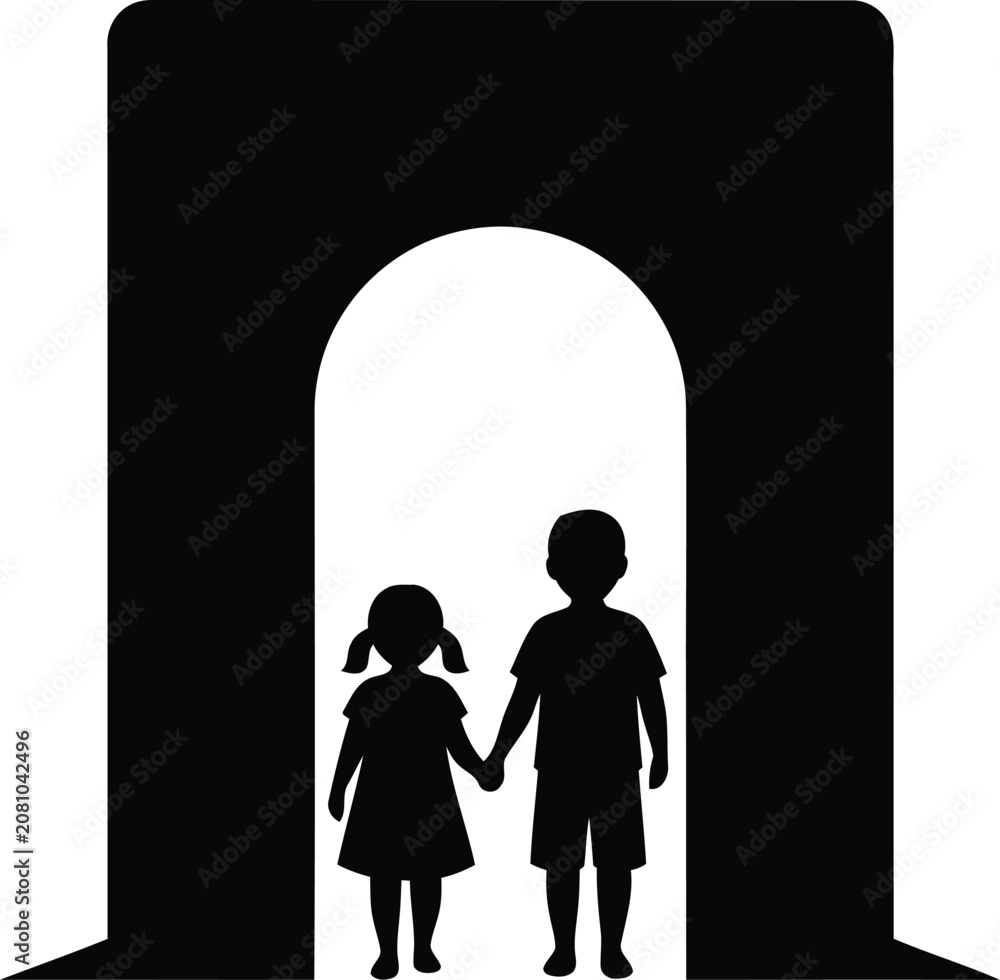 Obraz premium Silhouette of little boy and girl walking through stone arch vector illustration