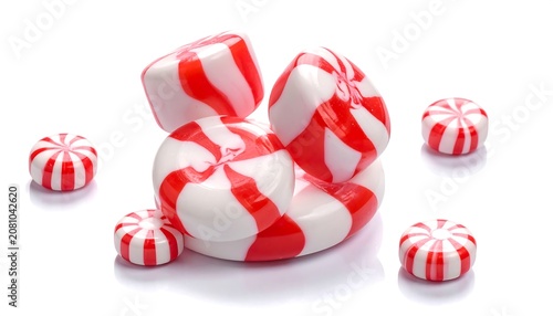 A close-up shot of several striped, red and white, candies in various shapes and sizes, artfully arranged against a white backdrop