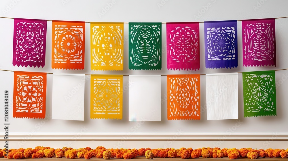 Fototapeta premium Colorful papel picado banners and marigold garland for Day of the Dead celebration and altar decor