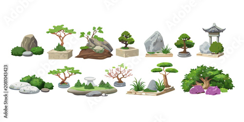 Miniature Japanese garden and bonsai tree collection, vector