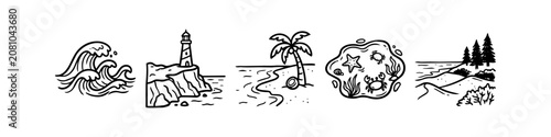 Foto Minimalist black and white hand-drawn line art illustrations of coastal scenes: waves, lighthouse, palm beach, tide pool, and sand dunes