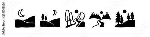 Slika na platnu Set of minimalist landscape icons featuring mountains, forests, hills, and celestial bodies in a hand-drawn black silhouette style