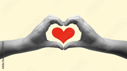 Two halftone hands forming heart shape with red beating heart on beige background. Retro pop art style, suitable for love, valentines, and lifestyle content.