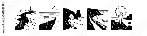 Foto Minimalist black and white hand-drawn vector illustrations of coastal landscapes, featuring a lighthouse, cliff bench, sea arch, coastal road, and water spout on a white background