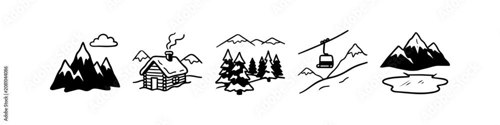 Obraz premium Hand-drawn winter mountain doodle set. Features snow peaks, cozy log cabin, pine forest, ski lift, and lake reflections. Minimalist black line art for nature and travel design themes.