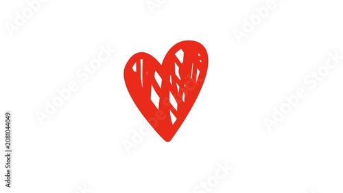 Red hand drawn scribble heart beating and swaying on white background. Sketch doodle style, seamless loop suitable for love, valentines, and social media content.