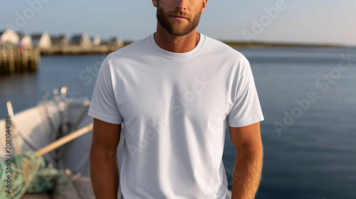 Fashion mockup of a male model in a blank white short-sleeved t-shirt 