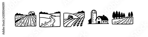 Minimalist black and white hand-drawn farm landscape icons featuring barns, tractors, and rural fields. Ideal for rustic agricultural branding and labels.