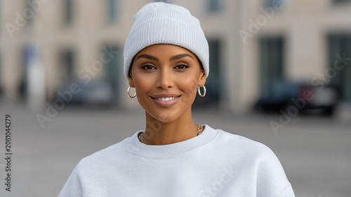Mockup of a smiling young Indian woman in a blank white sweatshirt and winter hat on a city street