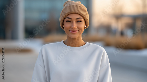 Fashion mockup of a smiling young woman in a blank white sweatshirt 
