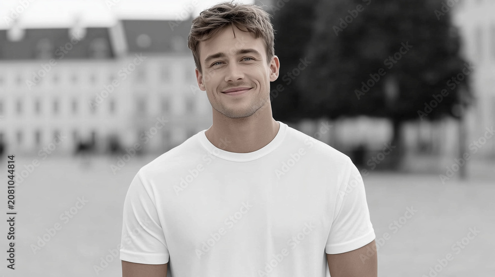 Obraz premium Fashion mockup of a man in a blank white t-shirt walking down a lively city street