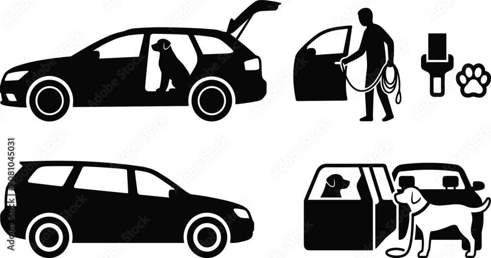 Naklejka premium Dog in Car Silhouette Set with Pet Owner Leash Trunk and Vehicle Door Elements for Travel and Pet Care Vector Illustration