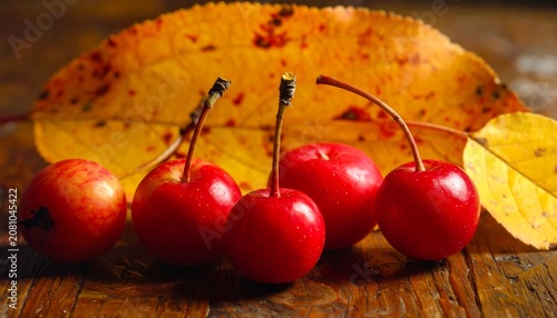 A close-up shot of small, bright red fruit and yellow fall foliage, resting on a wooden surface
