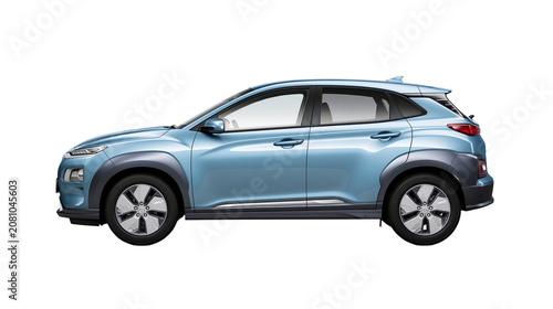 Obraz na plátně Light blue electric crossover SUV car with dark grey wheel arches, isolated on t