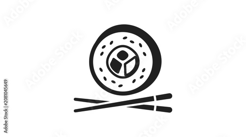 An illustration of sushi with chopsticks on a plate is served on a table indoors.