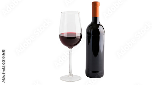 Obraz na płótnie Full dark red wine bottle with orange cap next to wine glass, isolated on transp