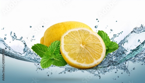 fresh lemon and mint leaves with clear water splash isolated on white background