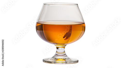 Photos Clear glass brandy snifter filled with amber liquid, isolated on transparent bac