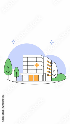 Modern healthcare center building at night with stylized trees and stars