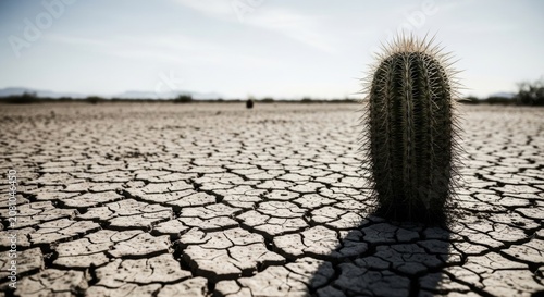 Single cactus in cracked desert earth under a harsh sun, symbolizing drought and climate change impacts