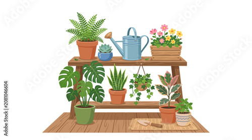Collection of potted houseplants and gardening tools on a wooden shelf