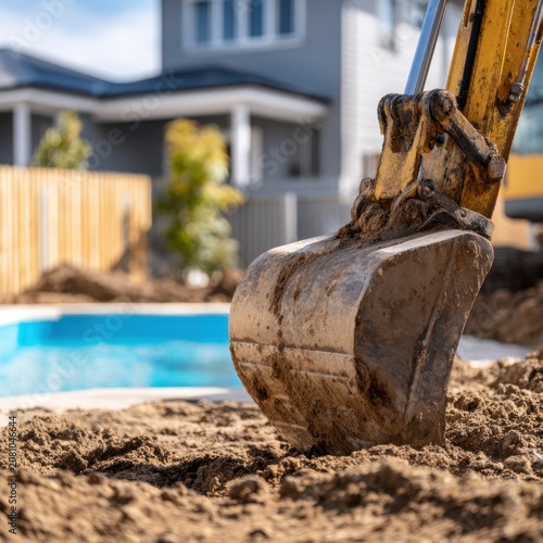 Excavator bucket digging and moving soil at a residential backyard pool construction site on a sunny day with house in background