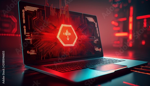 cyber security alert digital warning system error malware threat red interface laptop keyboard cyber attack data breach cyber crime chaos digital