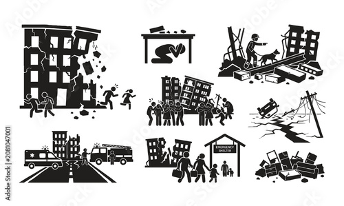 Bild auf Leinwand Earthquake natural disaster city destruction silhouette vector illustration