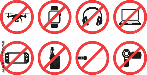 Prohibited Electronic Device Icon Set with No Drone Smartwatch Headphones Laptop Vape and Camera Warning Symbols for Signage Designs