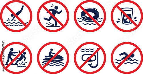 Water Safety Prohibition Icon Set with No Diving Swimming Running Jet Ski and Snorkeling Symbols for Pool Beach and Signage Designs