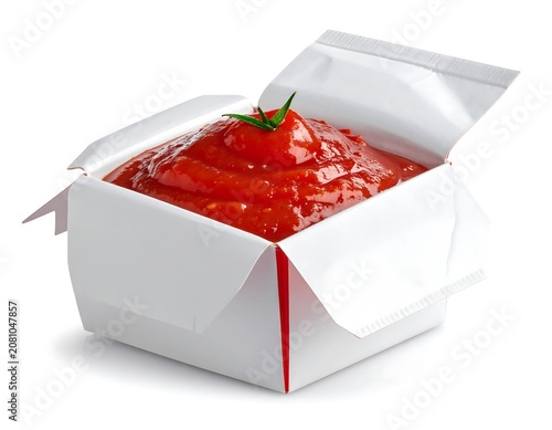 A close-up shot of tomato-based sauce overflowing from a folded white takeout container, garnished with a fresh sprig