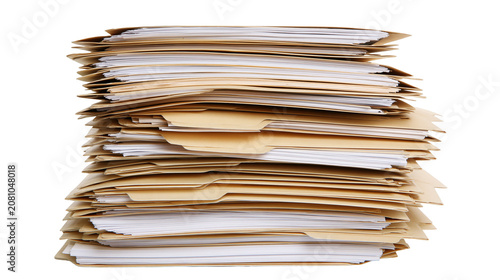 Photos Tall stack of manila file folders with documents, isolated on transparent backgr