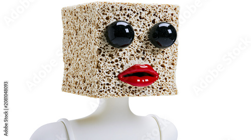 Vászonkép Square sponge head with glossy black eyes and red lips, isolated on transparent