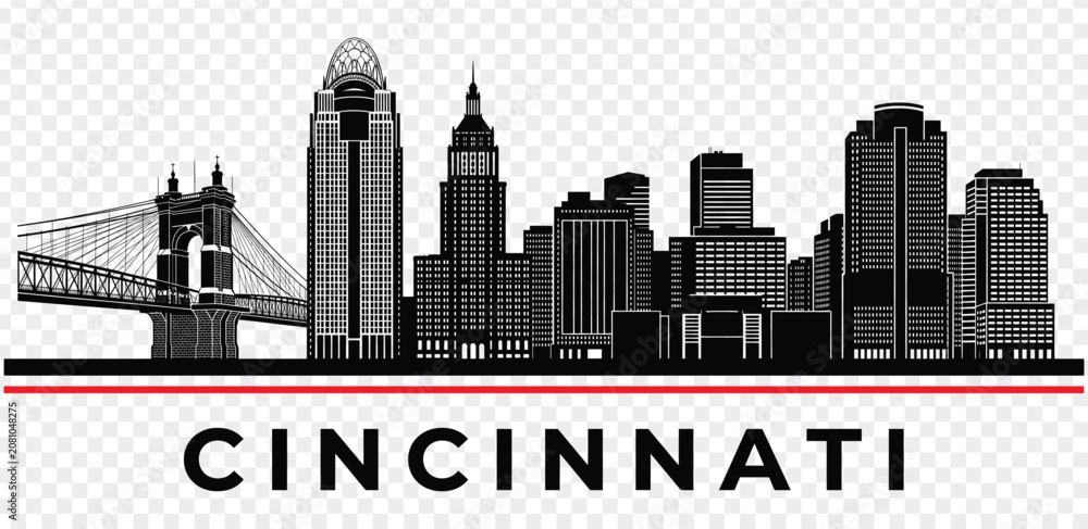 Fototapeta premium Cincinnati skyline silhouette with bridge and text