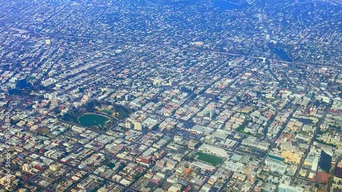View of downtown Los Angeles from an airplane window.
