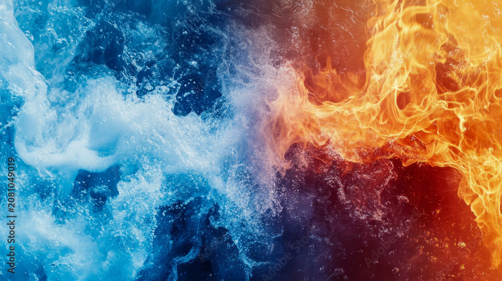Naklejka premium Abstract Dance of Elements: Intense Blue Water and Frothy Splashes Merge with Vibrant Orange and Red Flames, Creating Dynamic Background of Contrasting Forces and Energies