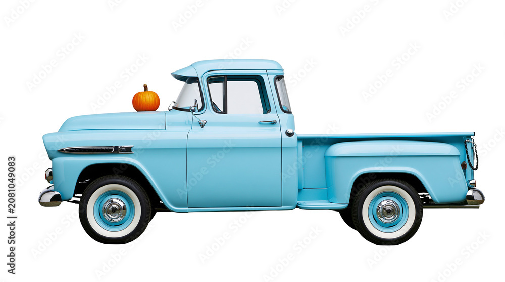 Fototapeta premium Light blue vintage pickup truck with small orange pumpkin on hood, isolated on transparent background